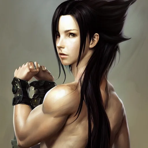 Image similar to portrait of tifa lockhart, muscular upper body, fantasy, intricate, elegant, highly detailed, digital painting, artstation, concept art, matte, sharp focus, illustration, art by aenaluck and roberto ferri and greg rutkowski, epic fantasy, digital painting