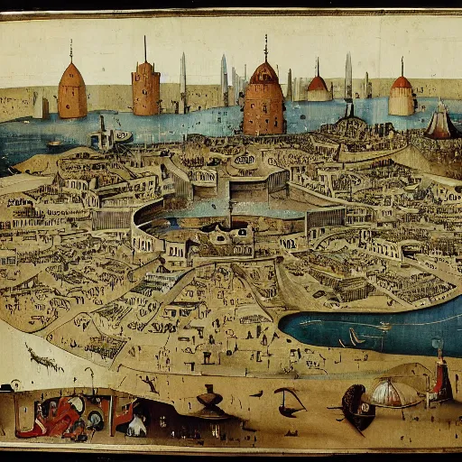 Image similar to circular city baghdad at abbasid caliphate age by hieronymus bosch,