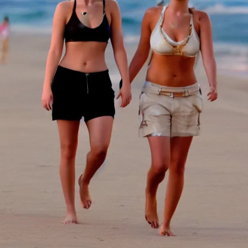 Prompt: Jennifer Lawrence and Jennifer Lawrence walking along the beach together, golden hour, 8k