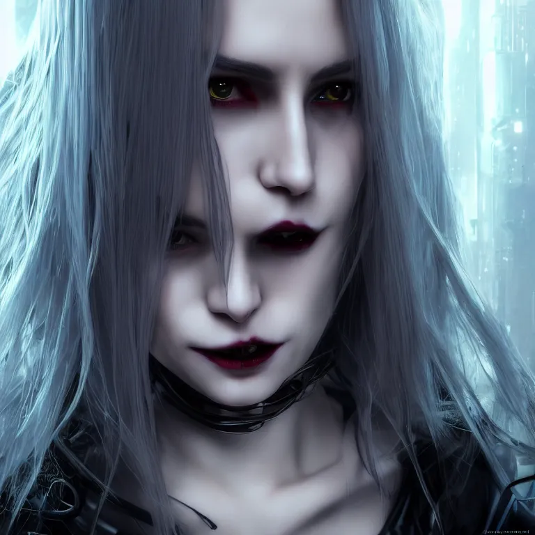 Image similar to cyberpunk female vampire, with brilliant silver flowing hair, concept art by jama jurabaev, cinematic shot, trending on artstation, hybrid from the elden ring and art direction by darius zawadzki ; by artgerm ; wayne reynolds art station ; cinematic quality character render ; low angle ; ultra high quality model ; production quality cinema model