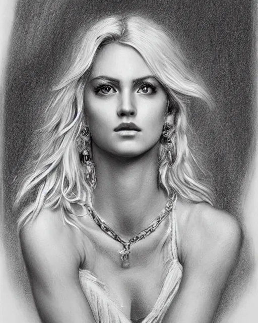 Image similar to pencil drawing of a beautiful greek goddess aphrodite with arrowhead earrings, beautiful piercing eyes, beautiful blonde hair, hyper realistic face, in the style of greg rutkowski, fantasy, amazing detail, epic, elegant, smooth, sharp focus, from the front