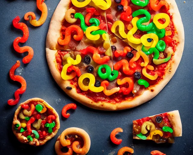 Prompt: pizza with gummy bears and gummy snakes and other candues as toppings, professional food photography, tasty