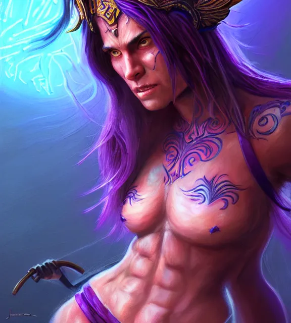 Image similar to muscular female warrior holding knife hilt, perfect face, diadem, detailed neon tattoos, neon bikini armor, purple flowing hair, abs, cinematic, blush, stunning, athletic, strong, agile, highly detailed, psychedelic, digital painting, artstation, smooth, hard focus, rim lighting, back lighting, illustration, art by jessica rossier and and brian froud