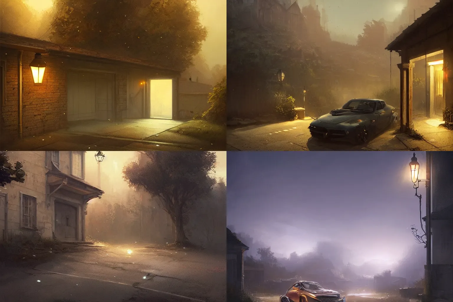 Prompt: a workshop with light coming out of the garage, hilly area, middle of the night, street lamp. Very beautiful matte painting by Greg Rutkowski