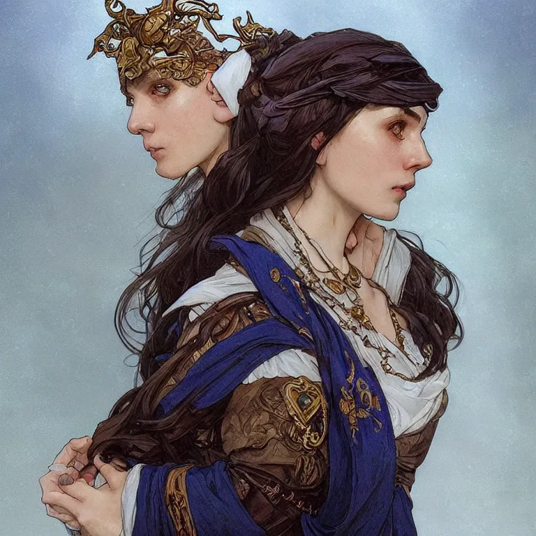 Image similar to Portrait of a Slavic female cleric with kerchief covering her ears. Blue eyes, black hair, porcelain skin, full lips, high slanted cheekbones. Fantasy art by artgerm and greg rutkowski and alphonse mucha, intricate, elegant, highly detailed, dramatic lighting, concept art, illustration, award winning on artstation, D&D, Dungeons and Dragons, Western European.