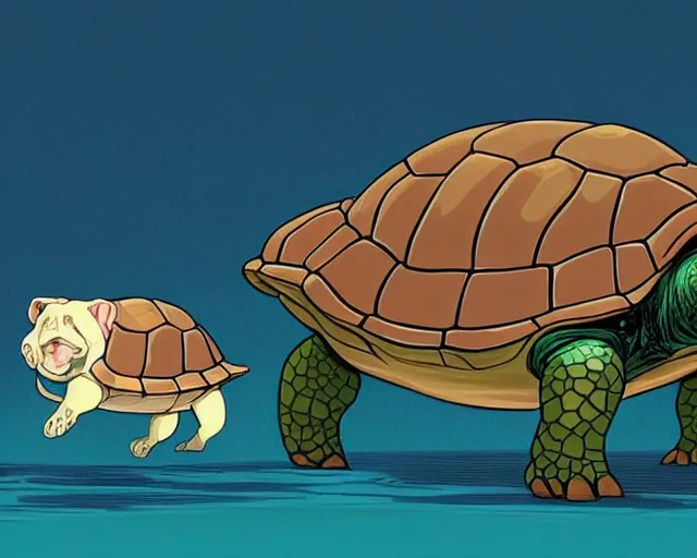 Image similar to cell shaded cartoon of a baby turtle with a bulldog's head, concept art by josan gonzales and wlop, by james jean, victo ngai, david rubin, mike mignola, deviantart, art by artgem