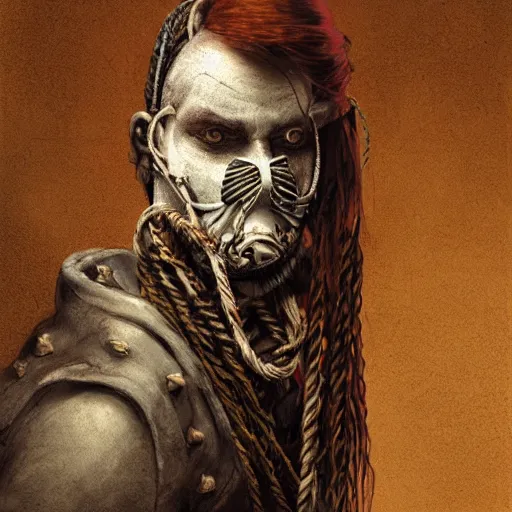 Image similar to portrait of a Shibari rope wrapped around the face and neck of an old cyborg merchant, mouth wired shut, headshot, insanely nice professional hair style, dramatic hair color, digital painting, of a old 17th century, amber jewels, baroque, ornate clothing, scifi, realistic, hyper detailed, chiaroscuro, concept art, art by Franz Hals and Jon Foster and Ayami Kojima and Amano and Karol Bak,