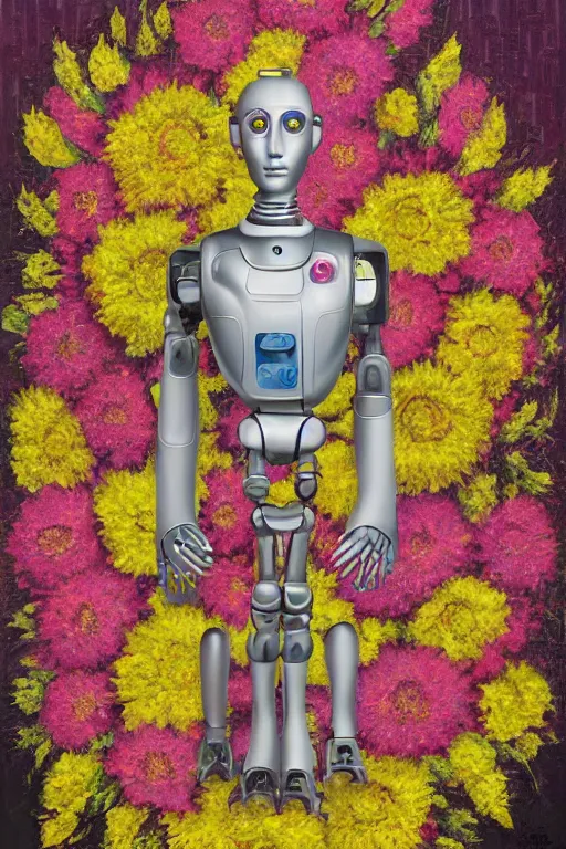 Prompt: a digital painting of a robot wearing a suit made of flowers, 1965 character portrait by Vladimir Tretchikoff and Lionel Smit, cgsociety, panfuturism, made of flowers, dystopian art, vaporwave