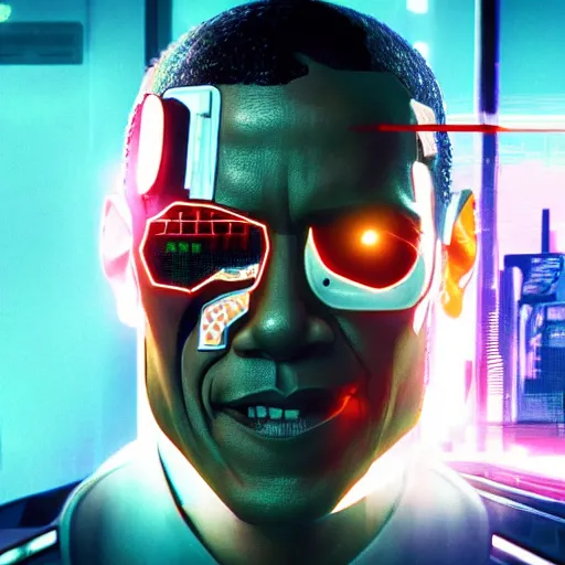 Image similar to barack obama as a cyborg in cyberpunk 2 0 7 7, technological, movie footage, high - tech, still frame