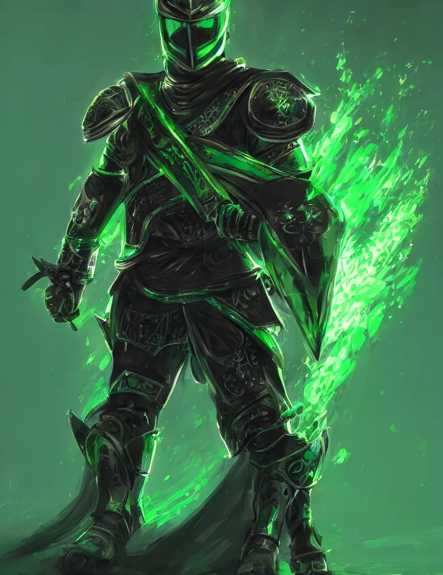 Image similar to masked knight in jade coloured cyberpunk armour alight with green flames, by frank fazetta, trending on artstation, 4 k resolution, detailed, high quality, hq artwork, character concept, character full body portrait