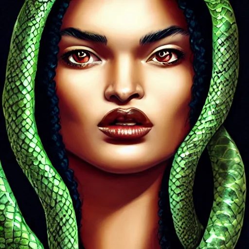 Image similar to Shanina Shaik as Medusa, snakes for hair, highly detailed, digital painting, artstation, concept art, smooth, sharp focus, illustration, art by Chris Achilleos, in the style of Medusa (1988) by Chris Achilleos.