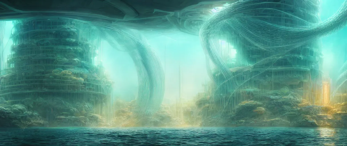 Image similar to hyperrealistic hyper detailed underwater neo-dystopian city of atlantis surrounded by giant pearlescent jellyfish matte painting concept art maciej kuciara hajime sorayama cinematic soft orange lighting low angle hd 8k sharp shallow depth of field