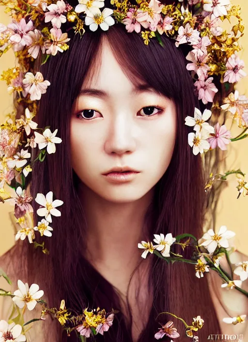 Prompt: a Japanese girl with long hair wears floral crown, stoic attitude, zenithal lighting, ultra detailed, highly detailed, sharp focus, golden background with flowers, photorealism,pose by Hajime Sorayama, art by Hirothropologie , artgerm and Patrick DeMarchelier