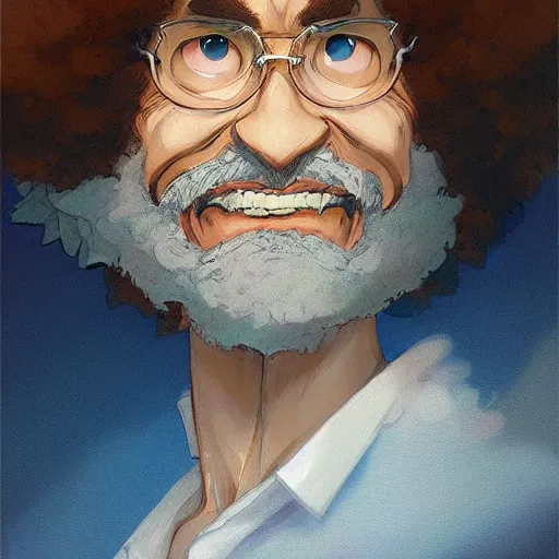 Image similar to An anime portrait of Bob Ross, by Stanley Artgerm Lau, WLOP, Rossdraws, James Jean, Andrei Riabovitchev, Marc Simonetti, and Sakimichan, tranding on artstation, SFW version