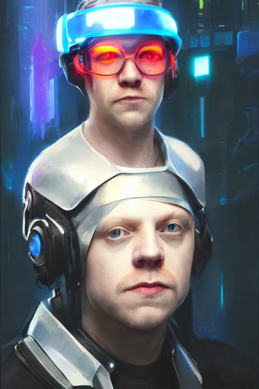 Image similar to portrait of Rupert Grint as Ron Wisly with visor in cyberpunk, neon lighting, night city, digital art from artstation by Ruan Jia and Mandy Jurgens and Artgerm and william-adolphe bouguereau and Greg Rutkowski