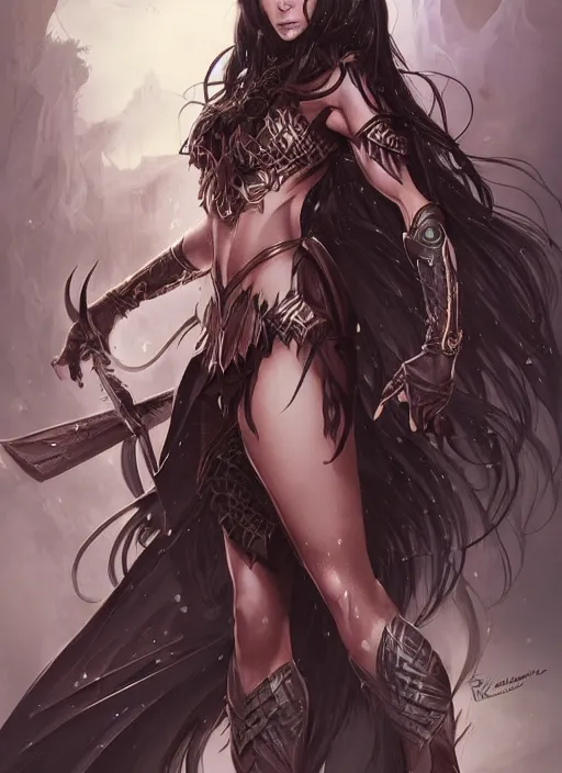 Image similar to beautiful enchantress, black long hair, practical armor, brown skin, demonic eyes, low fantasy, extremely detailed, sharp focus, smooth, digital illustration, by rossdraws, frank franzzeta, sakimichan