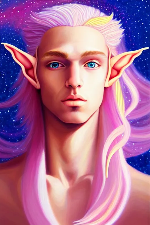 Prompt: a beautiful painting of young androgenous elf with white skin and long blond wavy hair looking sensually, big gold jewelry, dramatic shadow, realistic, vaporwave and star behind, pink peoines, moon,