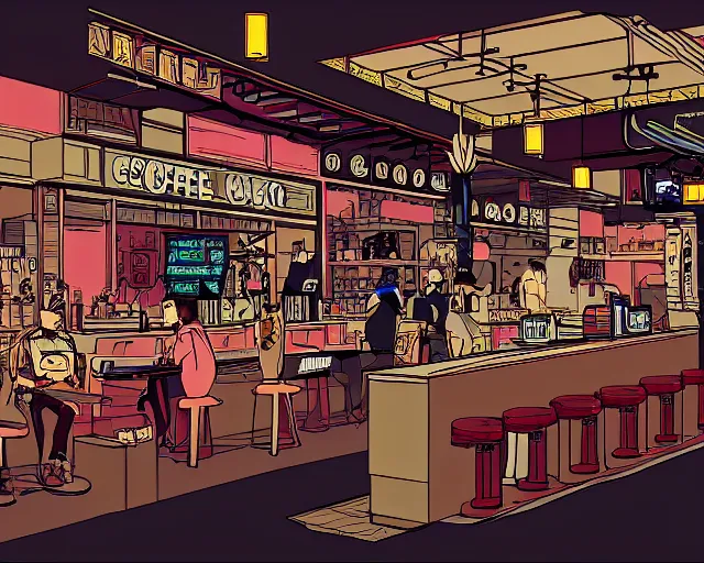 Prompt: coffee shop cyberpunk in the style of george barbier