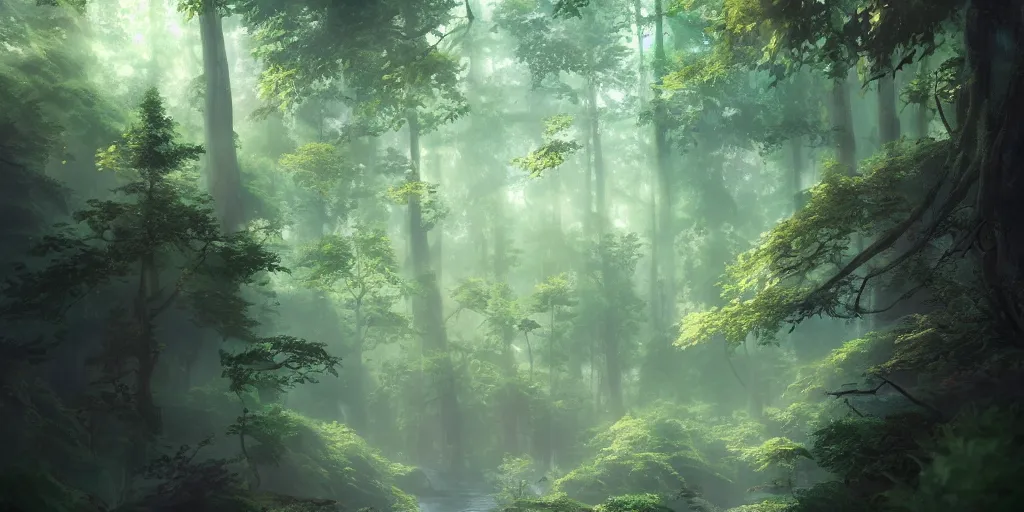 Image similar to a forest, cinematic angle, studio Ghibli, volumetric lighting, bold, beautiful composition, intricate, elegant, digital art, artstation, detailed oil painting, hyperrealistic, sharp focus, 8k