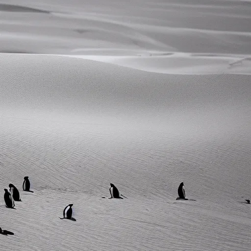 Prompt: penguins sand dunes,, photography