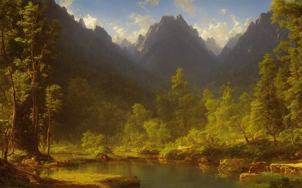 Prompt: a beautiful painting of a lush landscape with massive mountains in the background and river running through the painting, forest, by albert bierstadt, high resolution