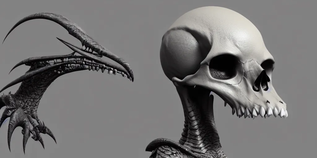 Image similar to a skull bird creature scifi alien by neville page, ken barthelmey, carlos huante and doug chiang, sharp focus, trending on artstation, hyper realism, octane render, 8 k, hyper detailed, ultra detailed, highly detailed, zbrush, concept art, creature design