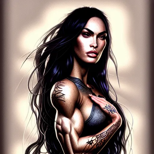 Image similar to portrait of megan fox, muscular upper body, fantasy, intricate, elegant, highly detailed, digital painting, artstation, concept art, matte, sharp focus, illustration, art by aenaluck and roberto ferri and greg rutkowski, epic fantasy, digital painting