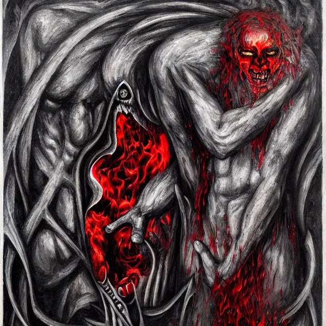 Image similar to alexandr abdulov, hell, pain, gate, cry, red eyes