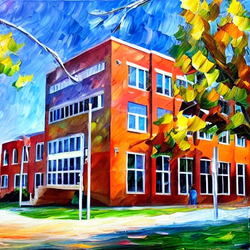 Image similar to young building, camosun college, in victoria bc, painted by leonid afremov