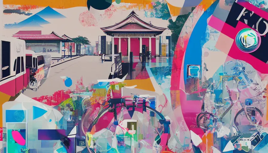 Prompt: Japan travel and adventure, isolated on a minimalist white acrylic base coat, surreal minimalist perfect geometry highly composition of coherent mixed motif mixed acrylic airbrush collage-painting by Jules Julien, Leslie David and Lisa Frank, muted colors with predominant white background minimalism, neon color mixed collage cutout details, neo-classical composition, rule of thirds, design tension, impactful graphic design