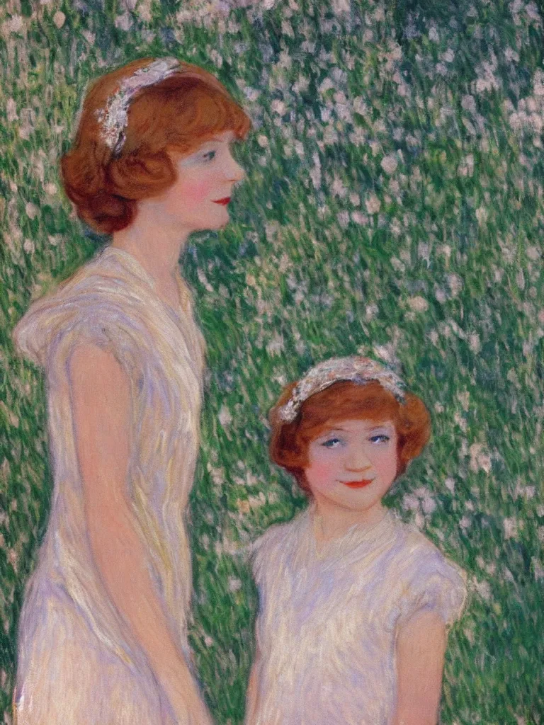 Image similar to zelda fitzgerald as a beautiful young girl, wearing 1 9 2 0 s fashion, brown hair, slim, fair, turning her head and smiling, in the sun, out of focus, backlit, close up, oil on canvas, by monet, in the style of le promenade