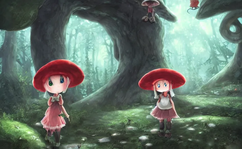 Prompt: cute little girl with a mushroom hat in the dark forest next to a sinister shadow monster, cute, clean detailed art, inspired by made in abyss, detailed background, fantastic world