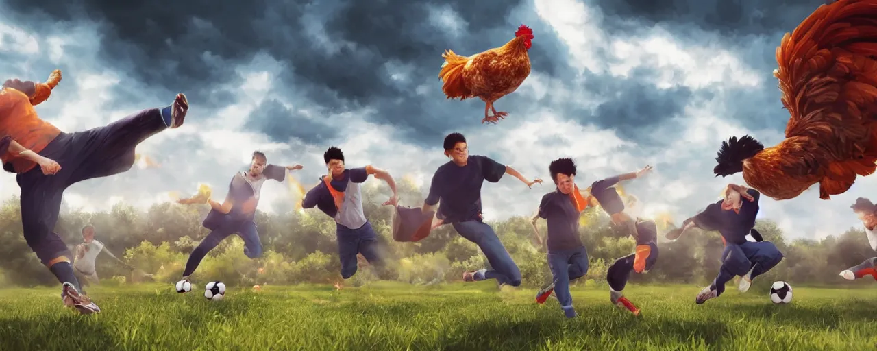 Prompt: wide shot of four people throwing a chicken in the air on an run - down soccer field, hyperrealistic, volumetric lighting, giant clouds, godrays, 4 k, digital painting by akira toriyama, highly detailed background, trending on artstation