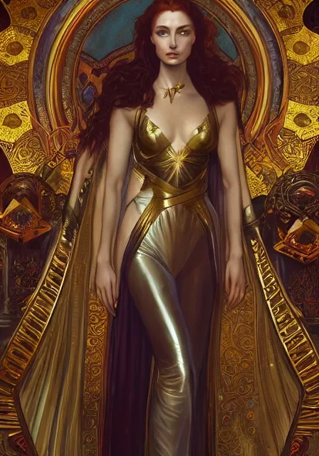 Image similar to sansa angeline jolie gessica chastain mummy cleopatra gold, intricate, elegant, highly detailed, digital painting, artstation, concept art, smooth, sharp focus, illustration, art by artgerm and greg rutkowski and alphonse mucha and william - adolphe bouguereau