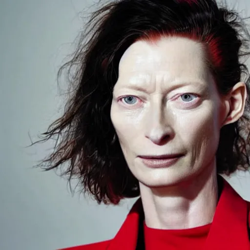 Prompt: close up portrait of tilda swinton wearing a red blazer and ruby earrings, vivid eyes, photorealistic