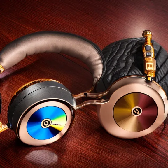 Image similar to masterpiece photo of beautiful crafted artistic bismuth metal headphones, bismuth rainbow metal, bismuth cups, leather padding, displayed on mahogany desk, modernist headphones, bismuth headphones beautiful well designed, hyperrealistic, audiophile, intricate hyper detail, extreme high quality, photographic, meze audio, sennheiser, hifiman, artstation