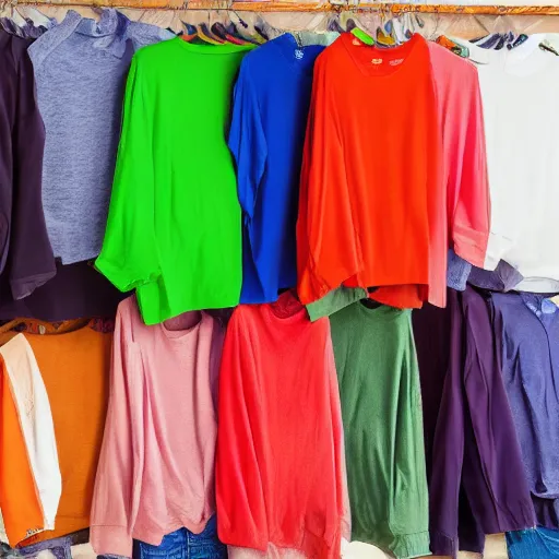 Prompt: a pile of complementary colored shirts