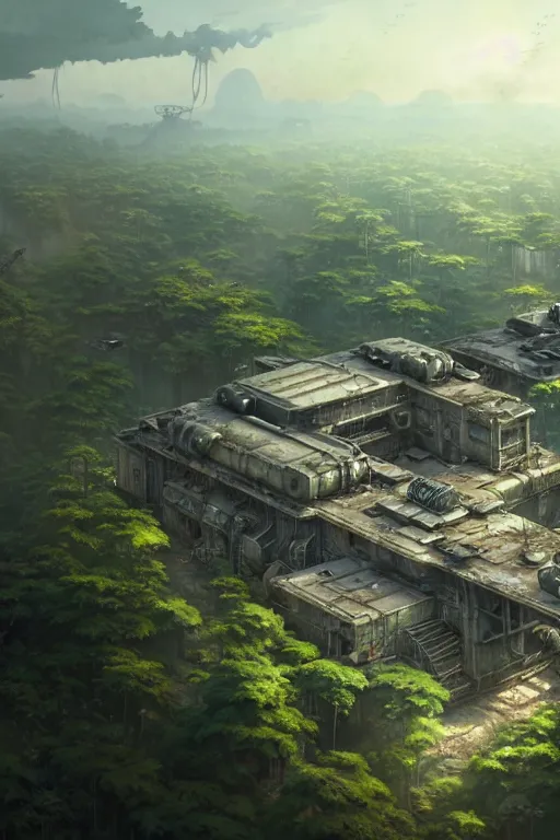 Prompt: a highly detailed matte painting of a post - apocalyptic dieselpunk military base in the jungle aerial view, by studio ghibli, makoto shinkai, by artgerm, by wlop, by greg rutkowski, volumetric lighting, octane render, 4 k resolution, trending on artstation, masterpiece