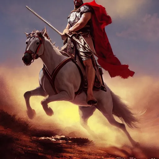 Image similar to gladiator mounted on horseback and carrying the flag of the cross of saint andrew on top of a hill, key art by craig mullins, bloom, dramatic lighting, cinematic, high details