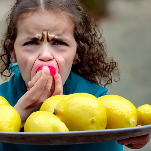 Prompt: Sour face, puckered lips, strong reaction to eating lemons