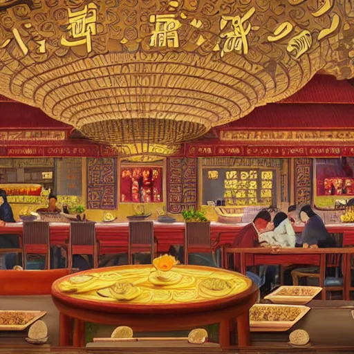 Prompt: a beautiful hyperdetailed interior 4 k hd wallpaper illustration of roasted string hotpot restaurant restaurant yan'an, corner, simple style, wall painting, from china, with merchant logo, people are eating kebabs, fine delicate structure, surrealistic, chinese style, victo ngai