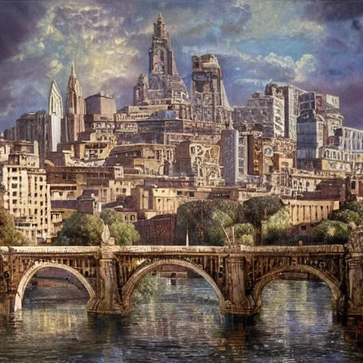 Image similar to by gabriele dell'otto blocks, unified aztec, ancient roman painting. a beautiful print of a cityscape with tall spires & delicate bridges.