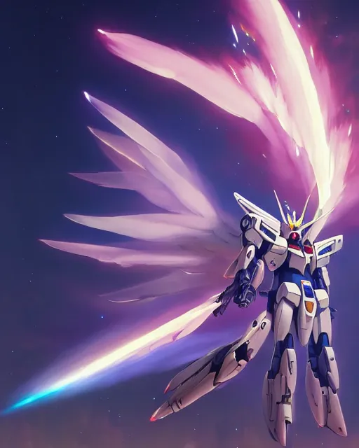 Image similar to highly detailed vfx portrait of an angelic gundam with wings of feathers beam saber fighting in space with a beam gun, unreal engine, greg rutkowski, loish, rhads, beeple, makoto shinkai and lois van baarle, ilya kuvshinov, rossdraws, tom bagshaw, alphonse mucha, global illumination, detailed and intricate environment