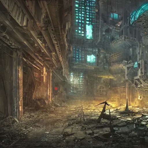 Image similar to photorealistic color image of 1970s science fiction Dark Souls concept art of abandoned cyberpunk underground city by, Bruegel, and Giger