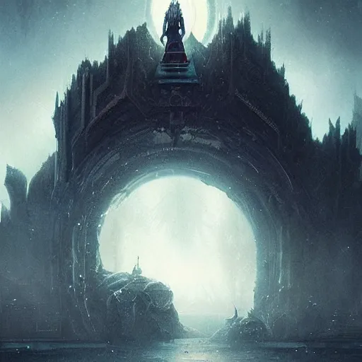 Image similar to of a beautiful black haired woman with pale skin and a crown on her head sitted on an intricate metal throne in eerie atmospheric alien worlds, epic cinematic matte painting, art by greg rutkowski