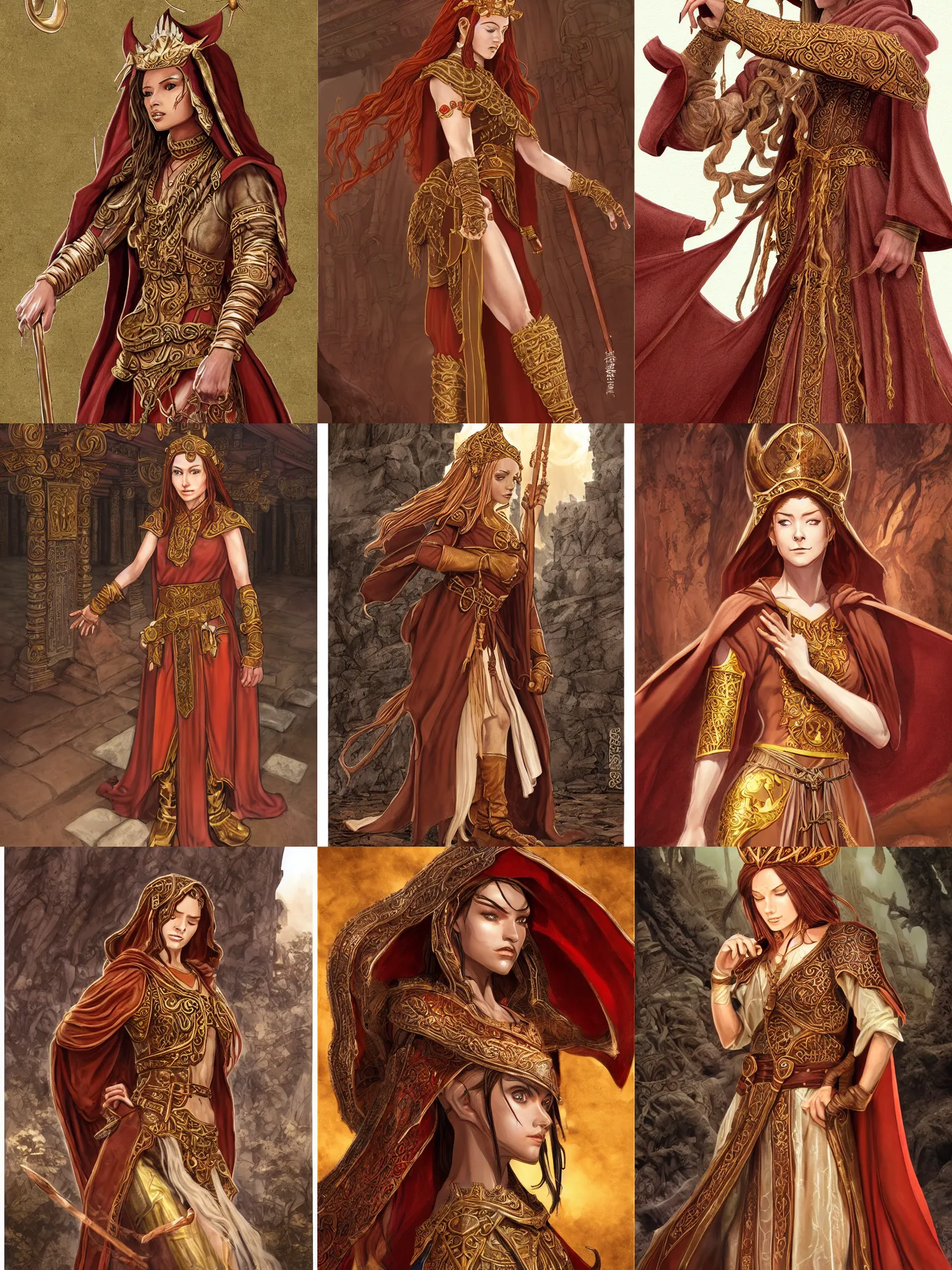 Prompt: sideview of a dnd young priestess in a temple, earth attuned, brown robes, skintight, cloak, beautiful, light brown skin, red hair, happy, metallic brass accessories, spellcasting, high fantasy, detailed face, highly detailed, sharp focus, smooth, digital illustration, by clyde caldwell