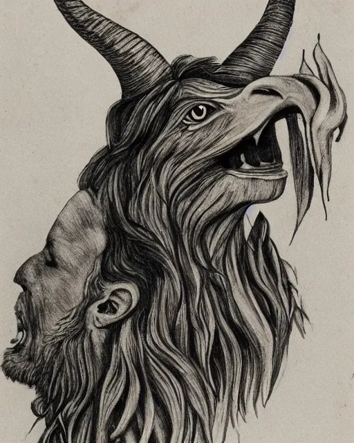 Image similar to human / eagle / lion / ox hybrid with two horns, one beak, mane and human body. drawn