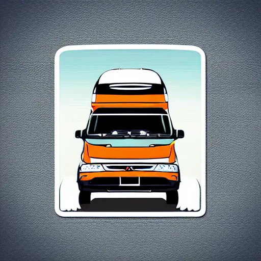 Image similar to vector art of a white and black cute thor chateau! motorhome camper!!, highway, mountains and colorful sunset!!, very very happy, warm, minimal vector art sticker!! by tom whalen, sanja stikovic