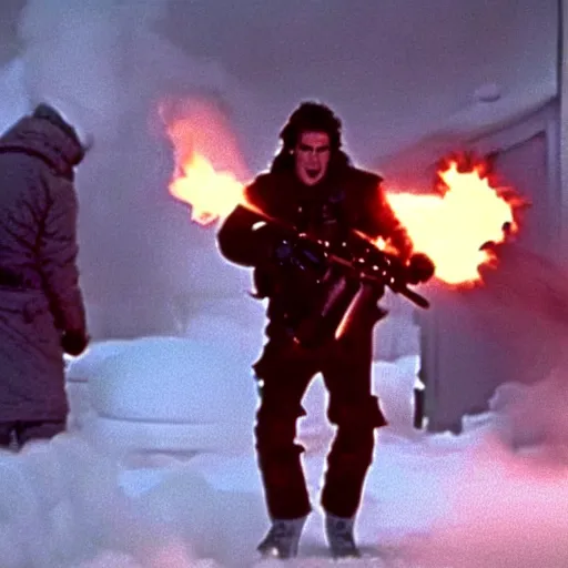 Image similar to movie still of cristiano ronaldo with a flamethrower in the thing (1982), john carpenter, cinematic,