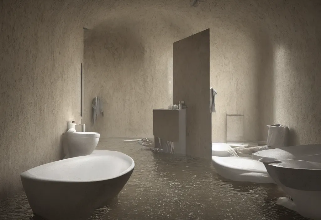 Image similar to kodak portra 4 0 0 photographic and realistic, interior of a bathroom in style of cave, detailed, octane render, unreal engine, 4 k, artstation, hyper realistic, wide angle, floor flooded, how a river, objects that float, 3 5 mm, sharp focus, soft light, volumetric light, in the style of gregory crewdson